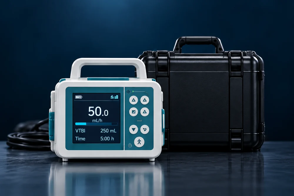 Illustration of an IV infusion pump with its protective carrying case