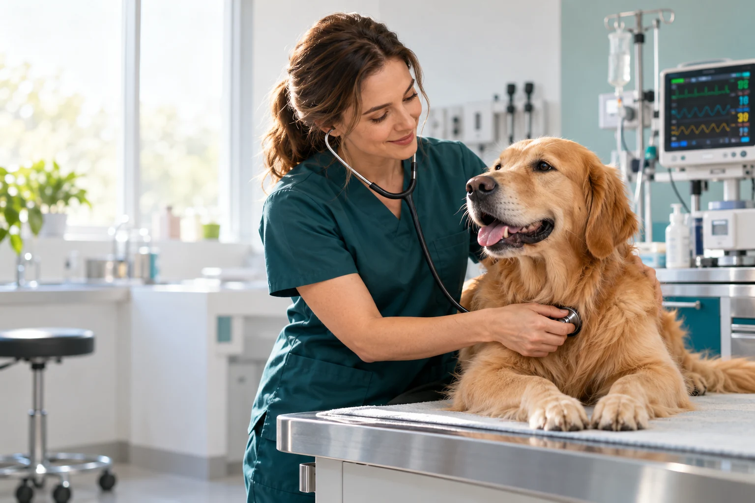 Illustrative veterinarian caring for a golden retriever
