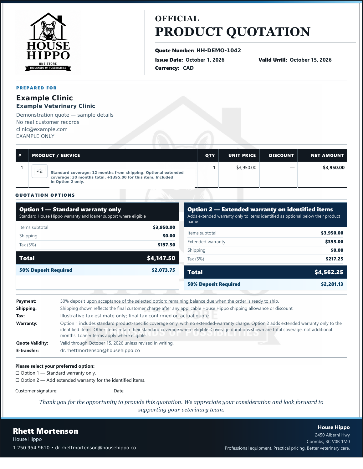Demonstration quote in the actual House Hippo PDF design, showing product details and standard and extended warranty options